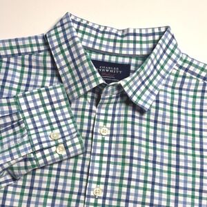 Charles Tyrwhitt  Linen Blend Slim Fit Check  Men's L Shirt Green Blue Weekender